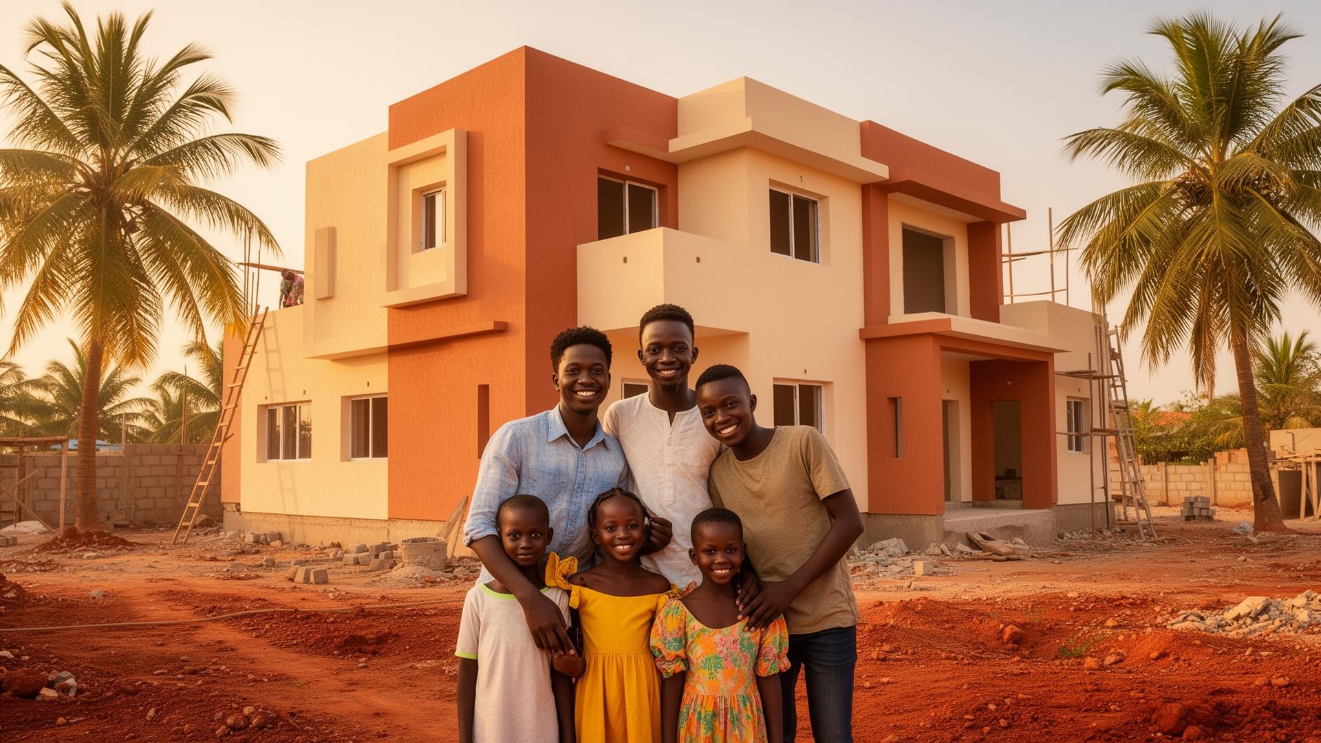 Famille sénégalaise devant sa future maison NHUS Épargne Construction